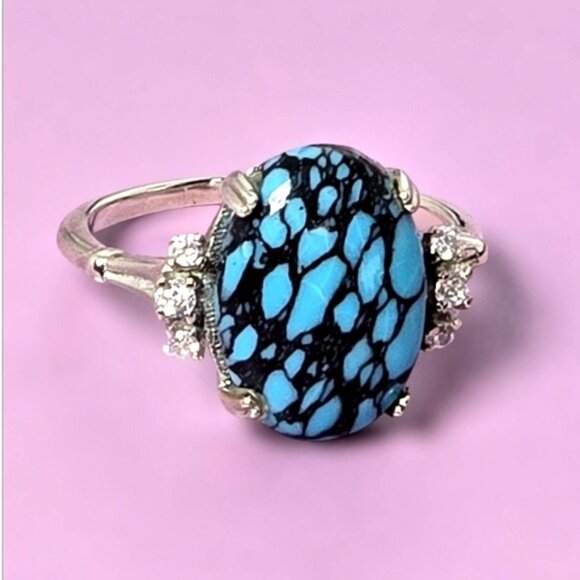925 Sterling Silver Ring SZ 6.5 with Natural Turquoise   & CZ - Picture 1 of 14